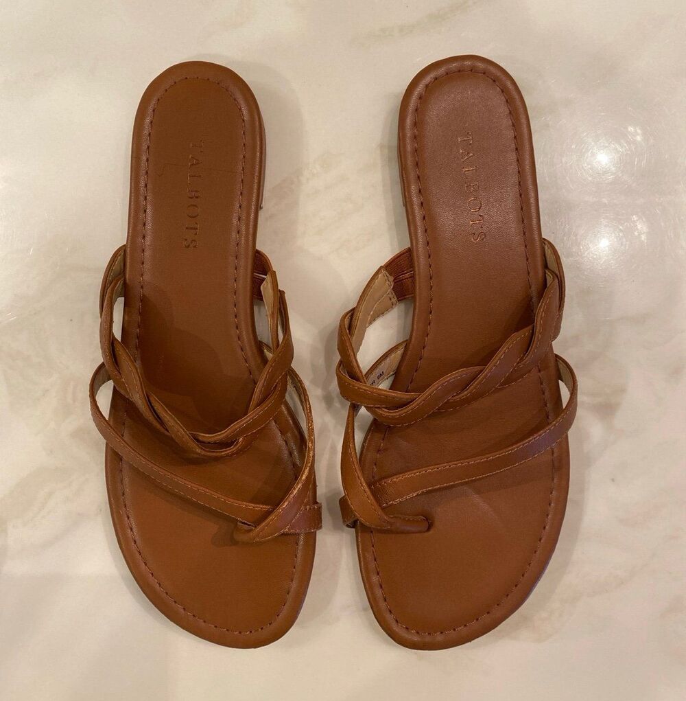 Talbots Brown Leather Strappy Sandals Size 8 M Flats Thong Slip On Braided Beach - Picture 4 of 11